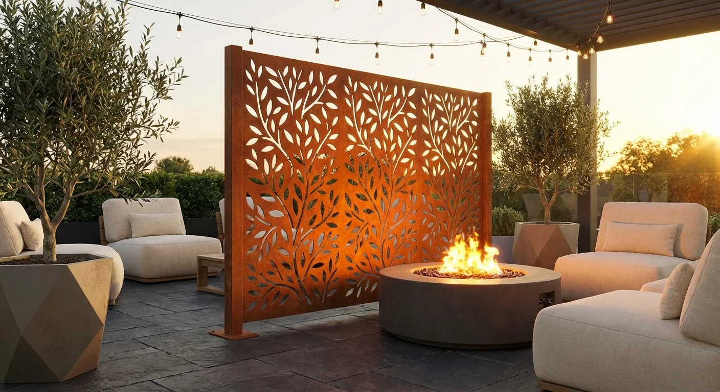 A decorative metal privacy screen with a laser-cut leaf pattern on a patio.