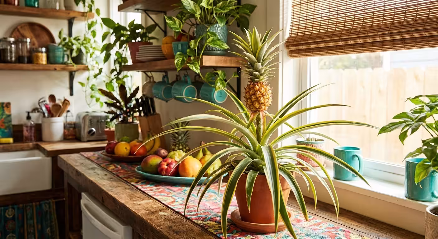 A decorative Pineapple plant with a small fruit emerging from the center.