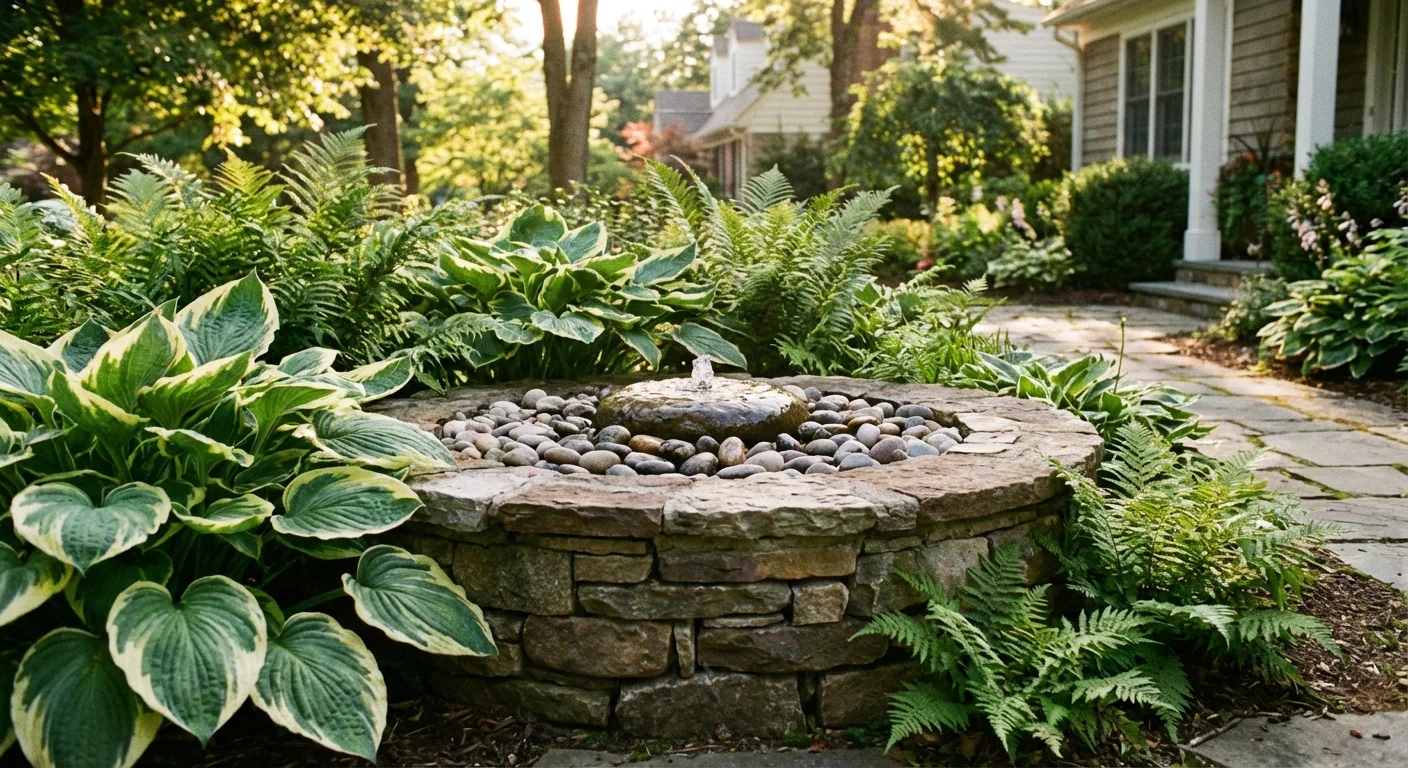 A decorative stone water fountain in a lush front garden.