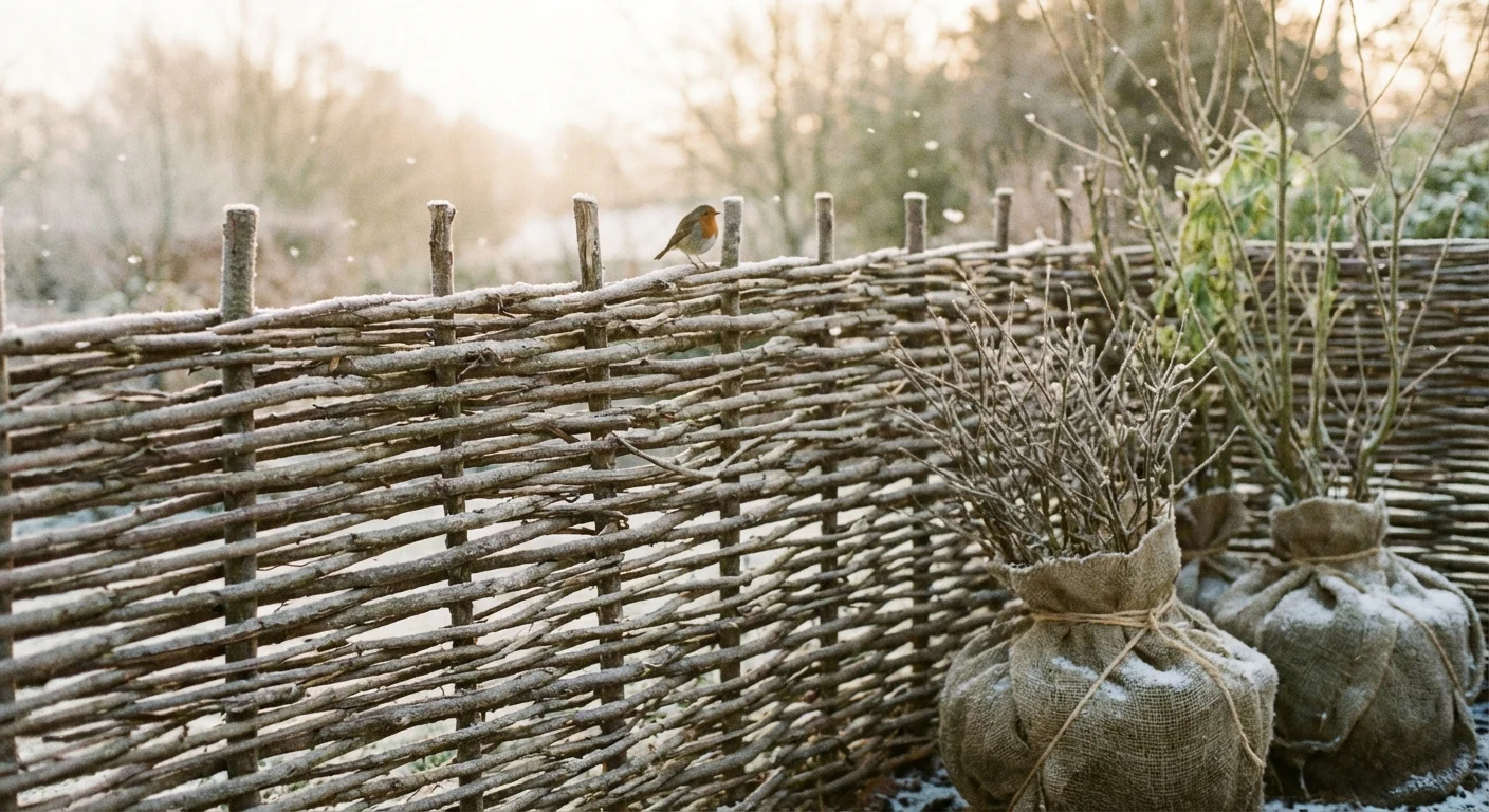 A decorative willow fence serves as a windbreak for vulnerable garden plants.