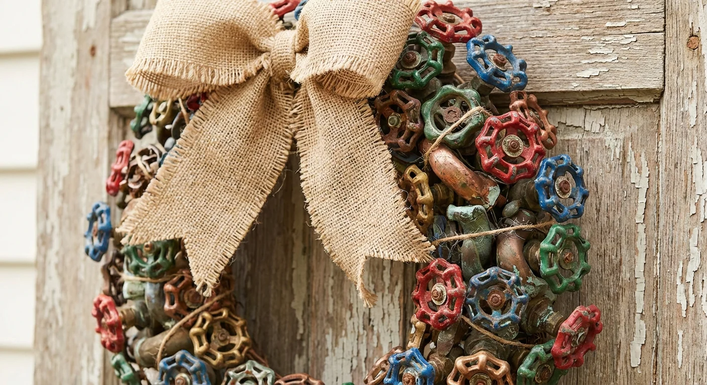 A decorative wreath made of vintage metal faucet handles on a wooden door.