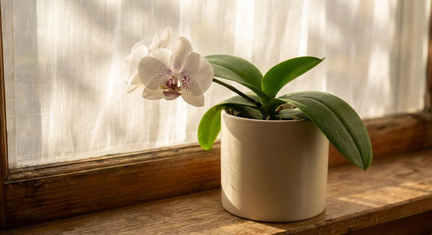 A delicate white orchid in a ceramic pot sitting on a sunlit wooden windowsill.