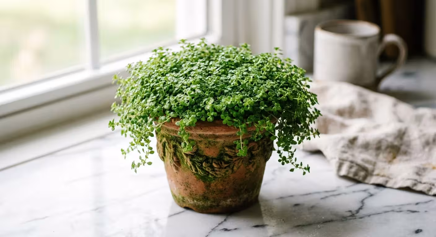A dense Baby's tears plant overflowing from a small pot on a kitchen counter.