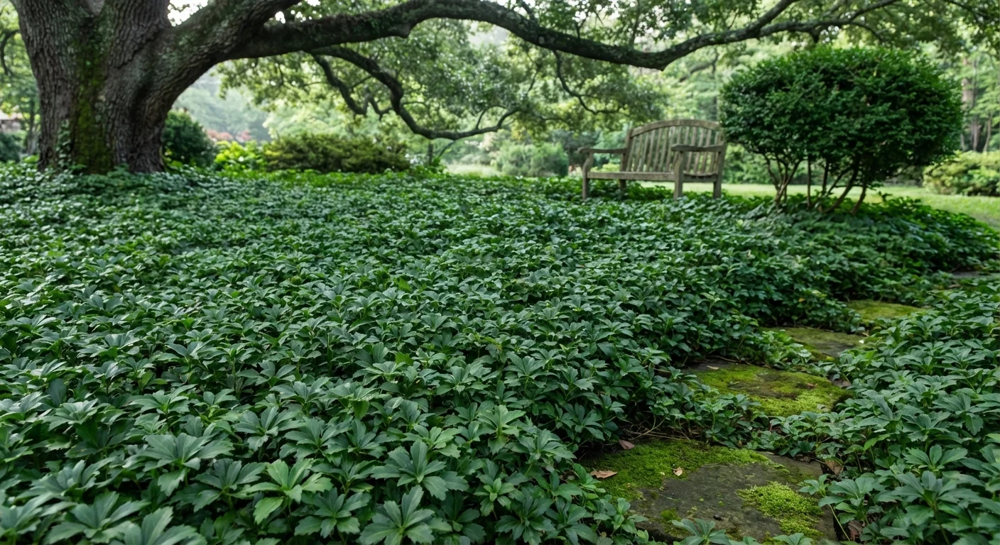 A dense green carpet of Pachysandra groundcover growing under a large tree.