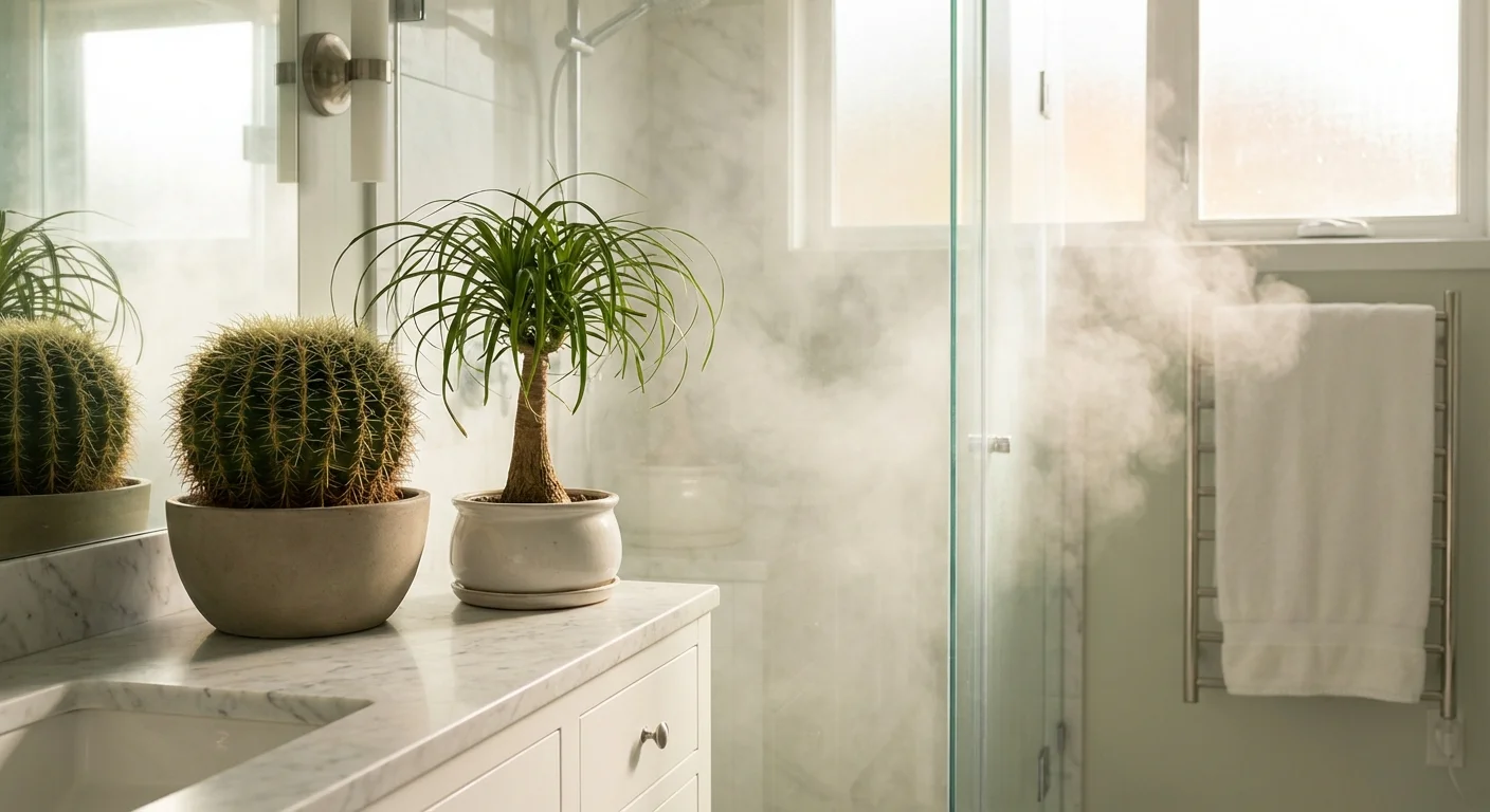 A desert cactus and ponytail palm on a marble bathroom counter with steam in the background.