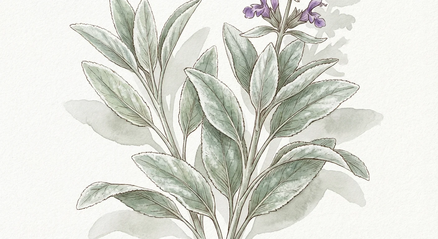A detailed watercolor illustration of sage leaves with a soft silvery-green hue.