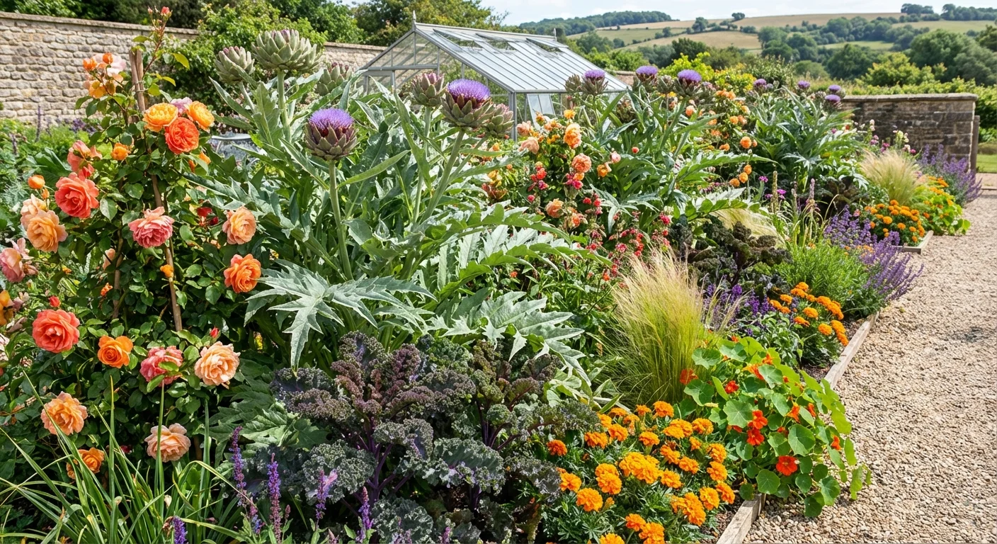 A diverse garden bed mixing kale and artichokes with ornamental flowers.