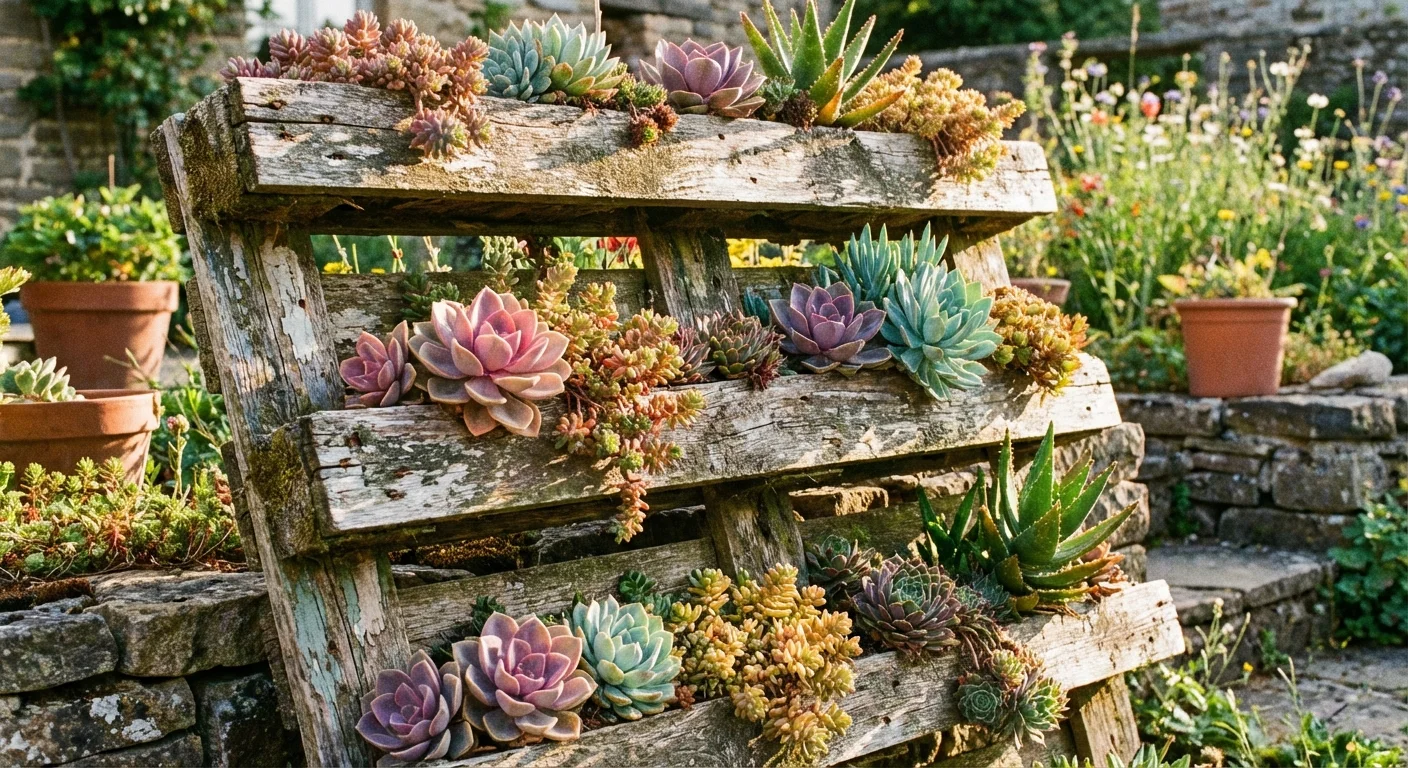 A DIY vertical planter made from a wooden pallet containing various colorful succulents.