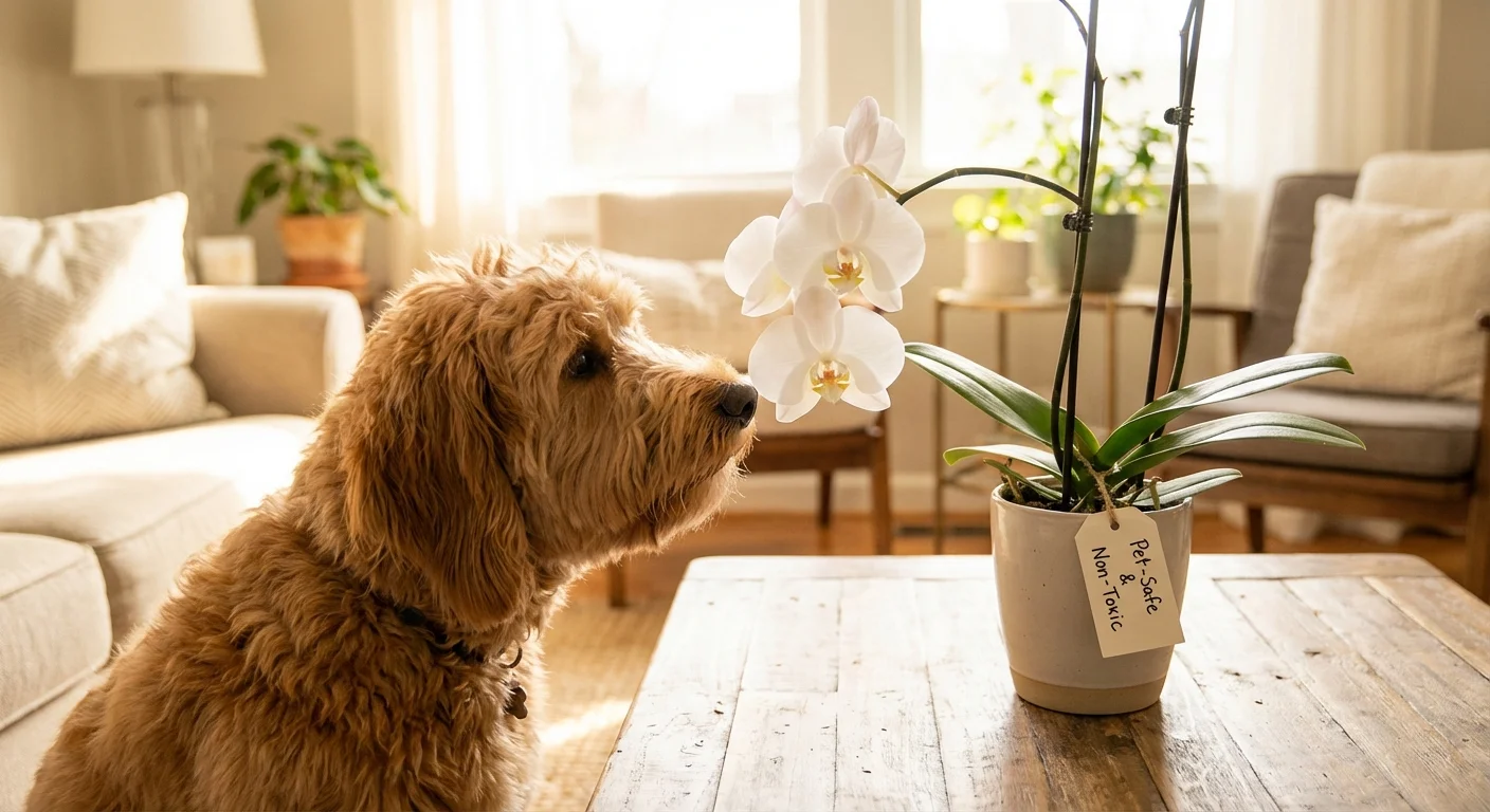 A dog curiously sniffing a non-toxic white orchid plant in a bright room.