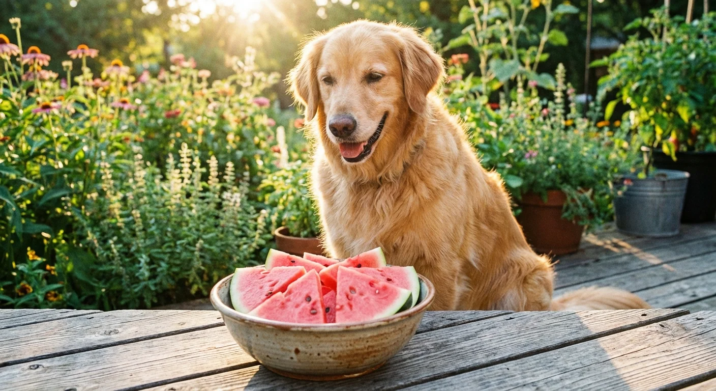 A dog eyes fresh watermelon slices in a bowl on a sunny wooden deck.