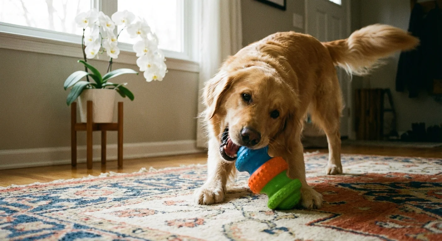 A dog playing with its own toy on the floor near a safe plant display.
