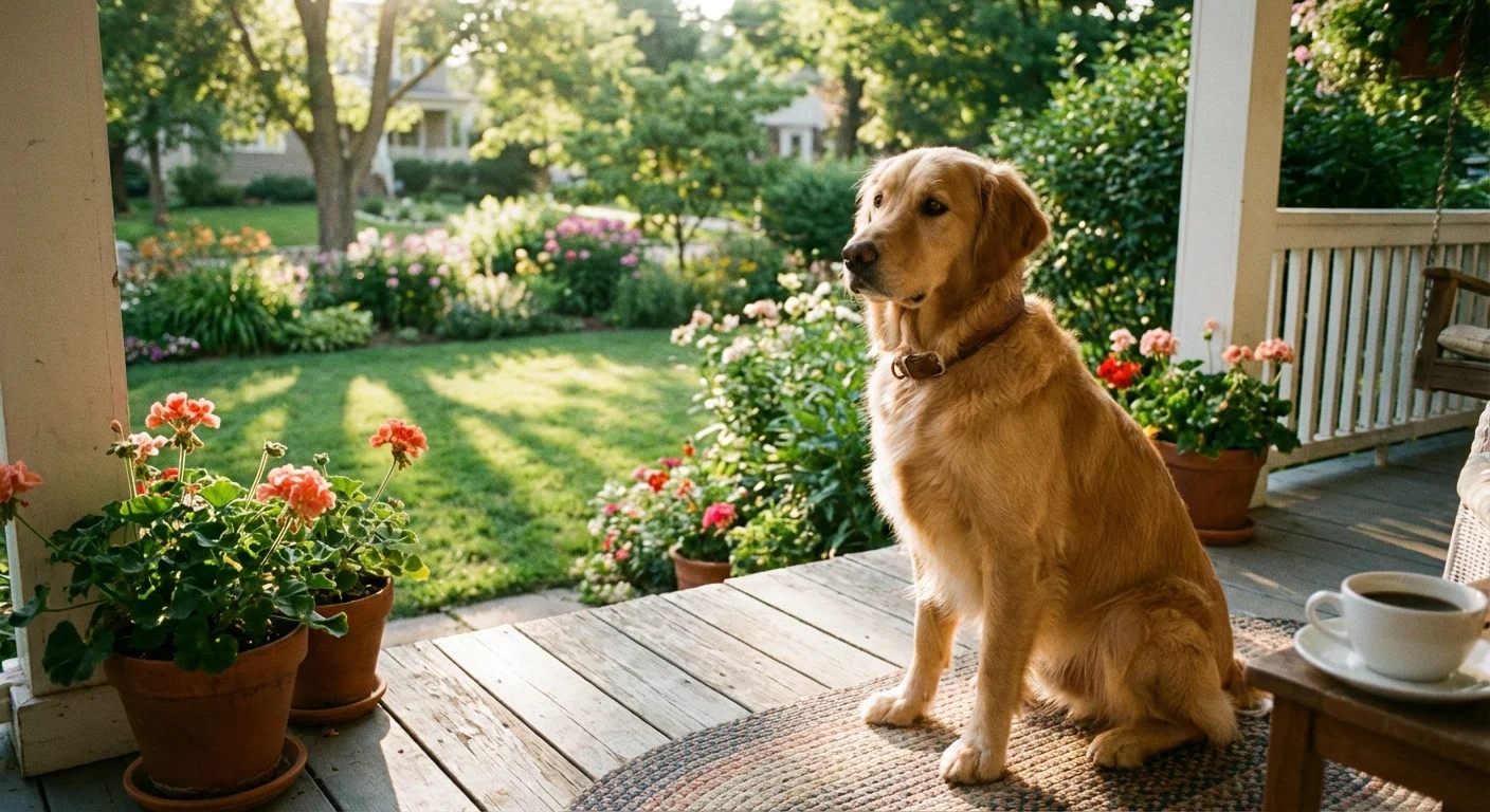 A dog sitting on a front porch overlooking a garden, acting as a natural deterrent.