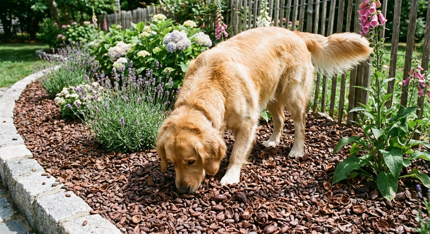 A dog sniffing cocoa bean mulch in a garden bed.