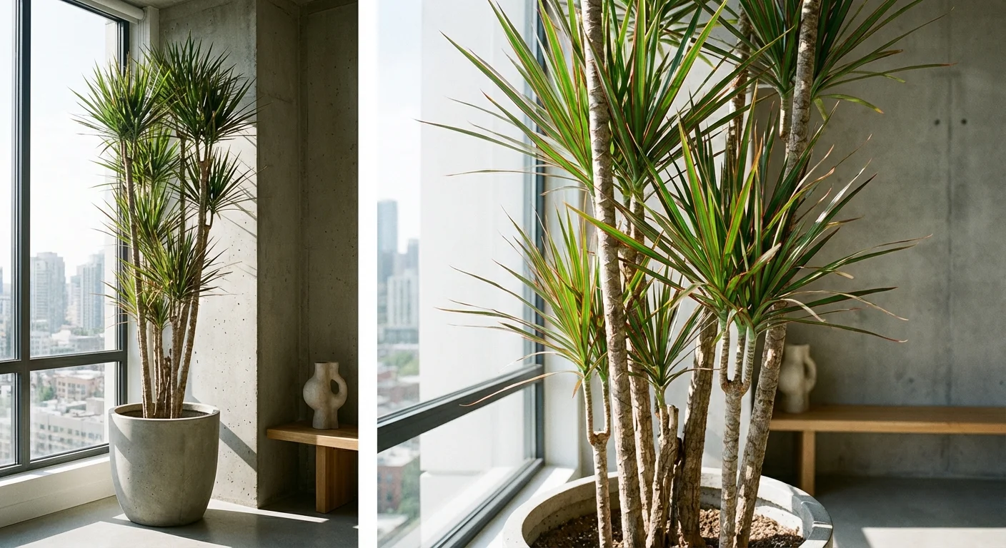 A Dracaena Marginata plant with thin, red-edged leaves on a tall stem.