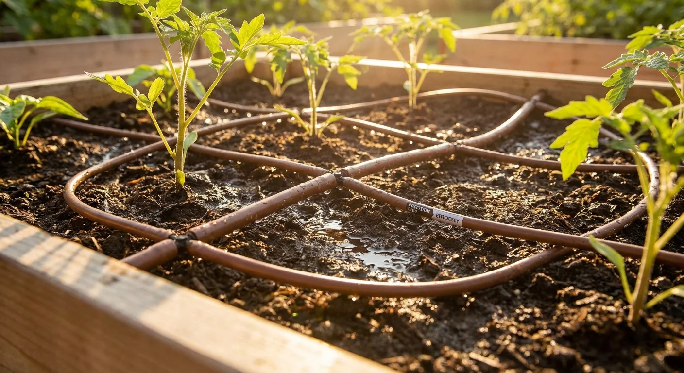 A drip irrigation system efficiently watering plants in a raised garden bed.