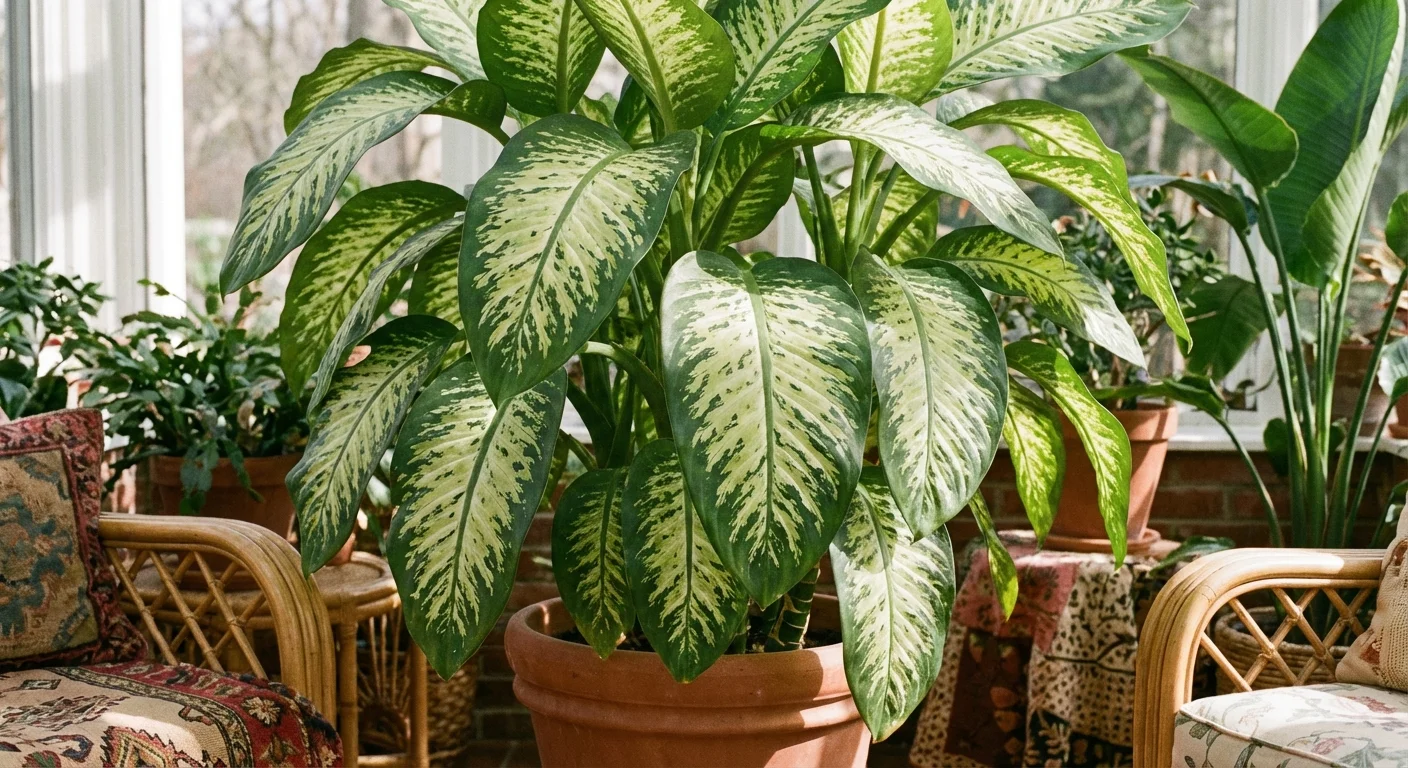 A Dumb Cane plant with large, cream-variegated green leaves.