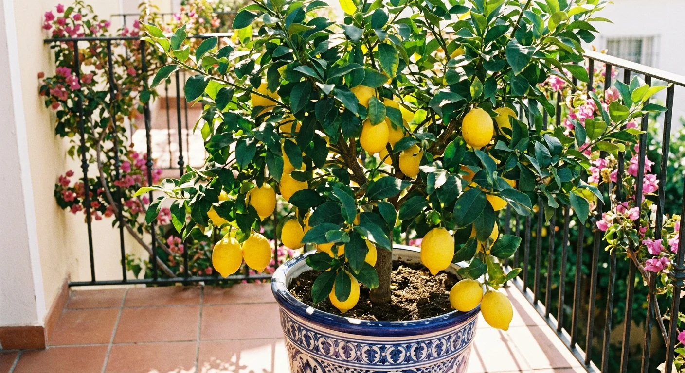 A dwarf lemon tree with yellow fruit in a ceramic pot on a sunny balcony.