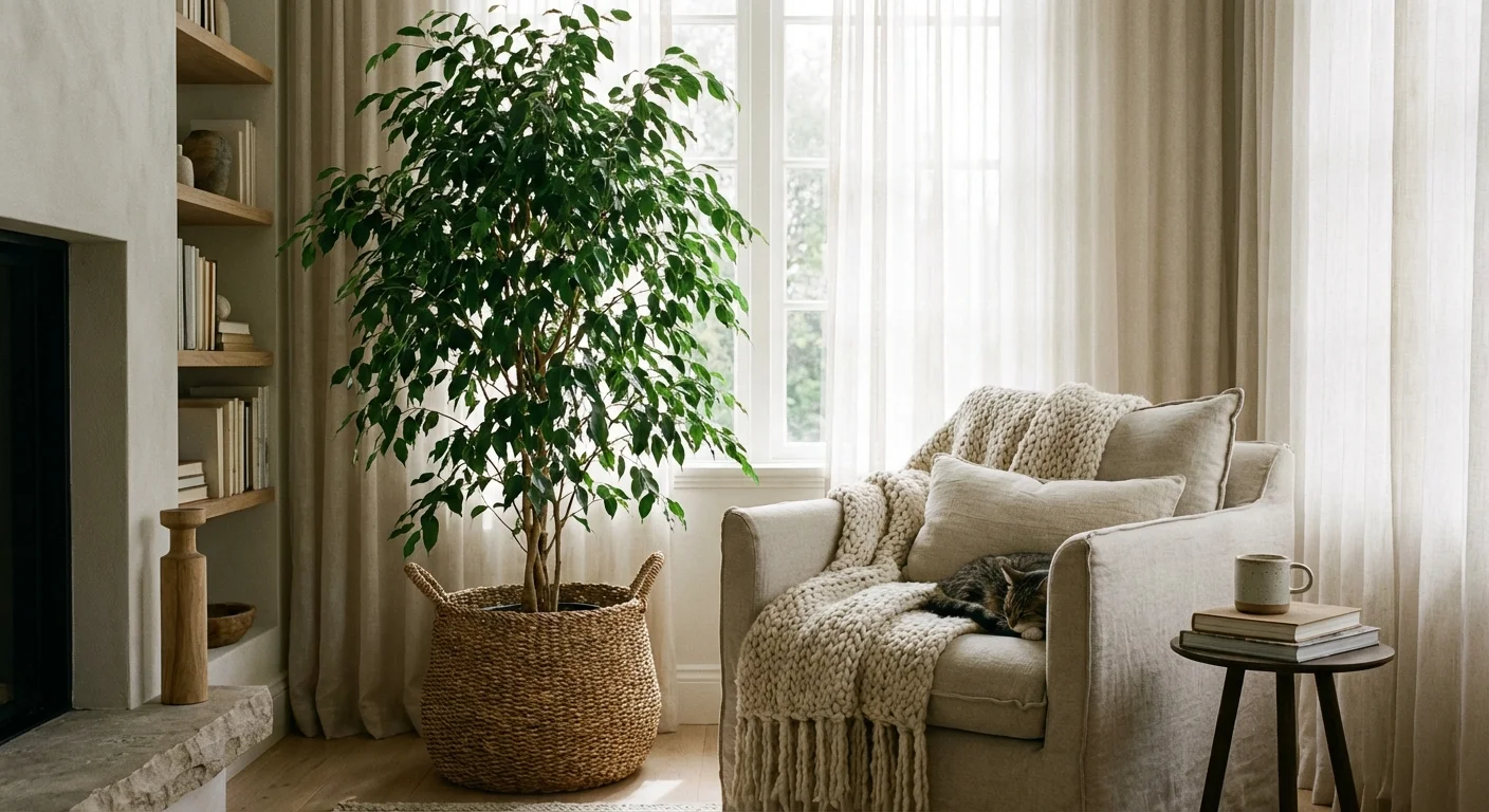 A Ficus tree in a woven basket next to a comfortable linen chair.