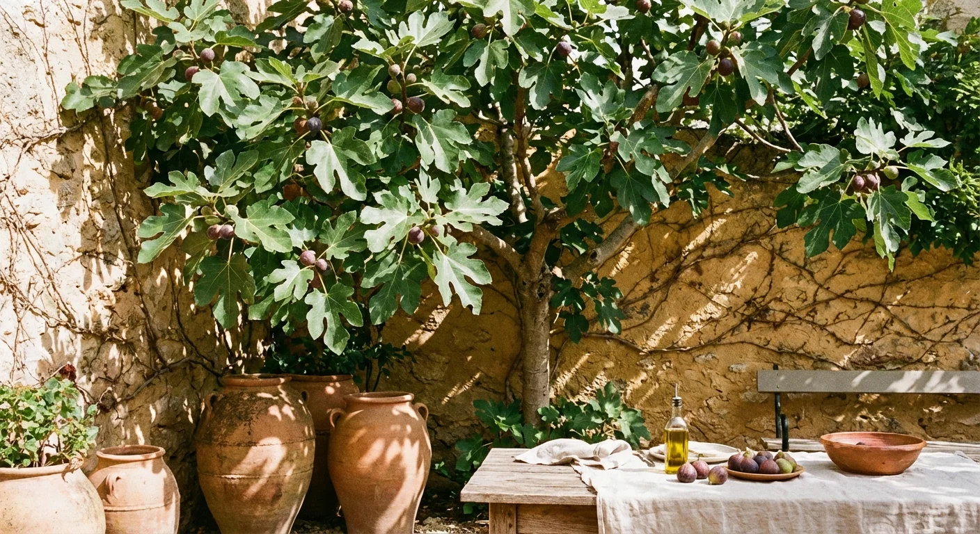 A fig tree with large leaves and purple fruit against a stone wall.