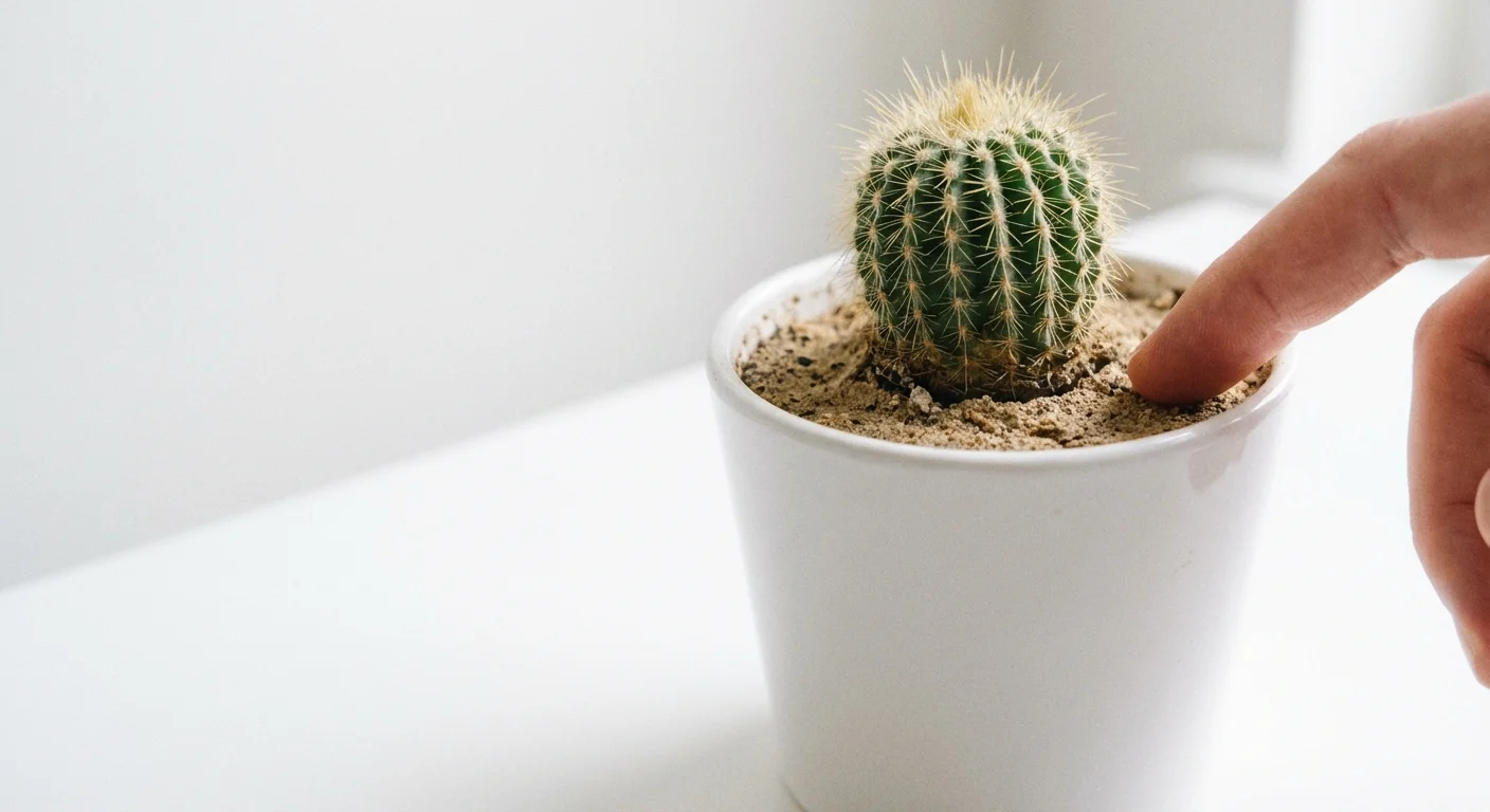 A finger testing the dryness of the soil in a small white cactus pot.
