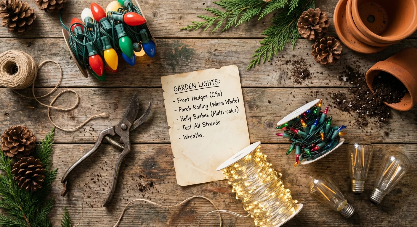 A flat lay of Christmas light spools and gardening tools on a wooden table.