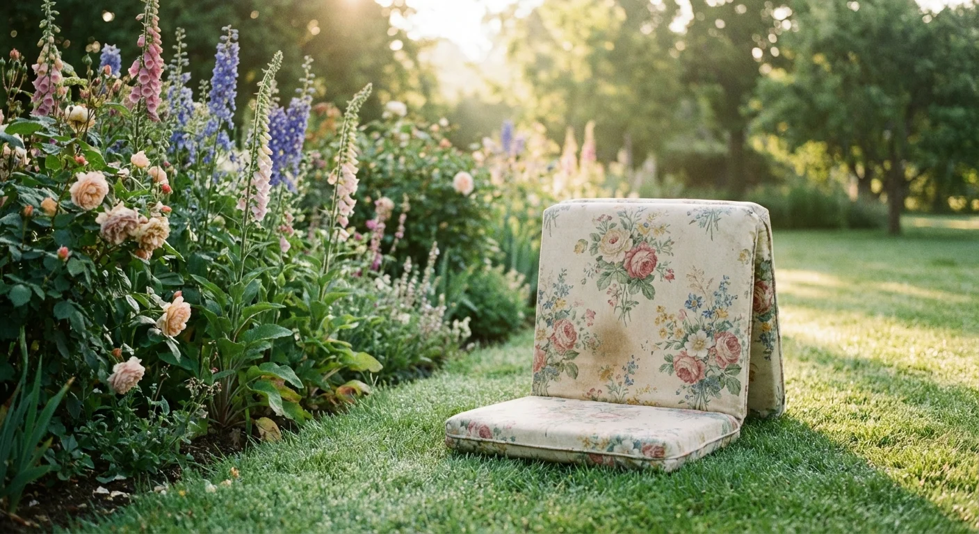 A floral padded garden kneeler on a green lawn next to flowers.
