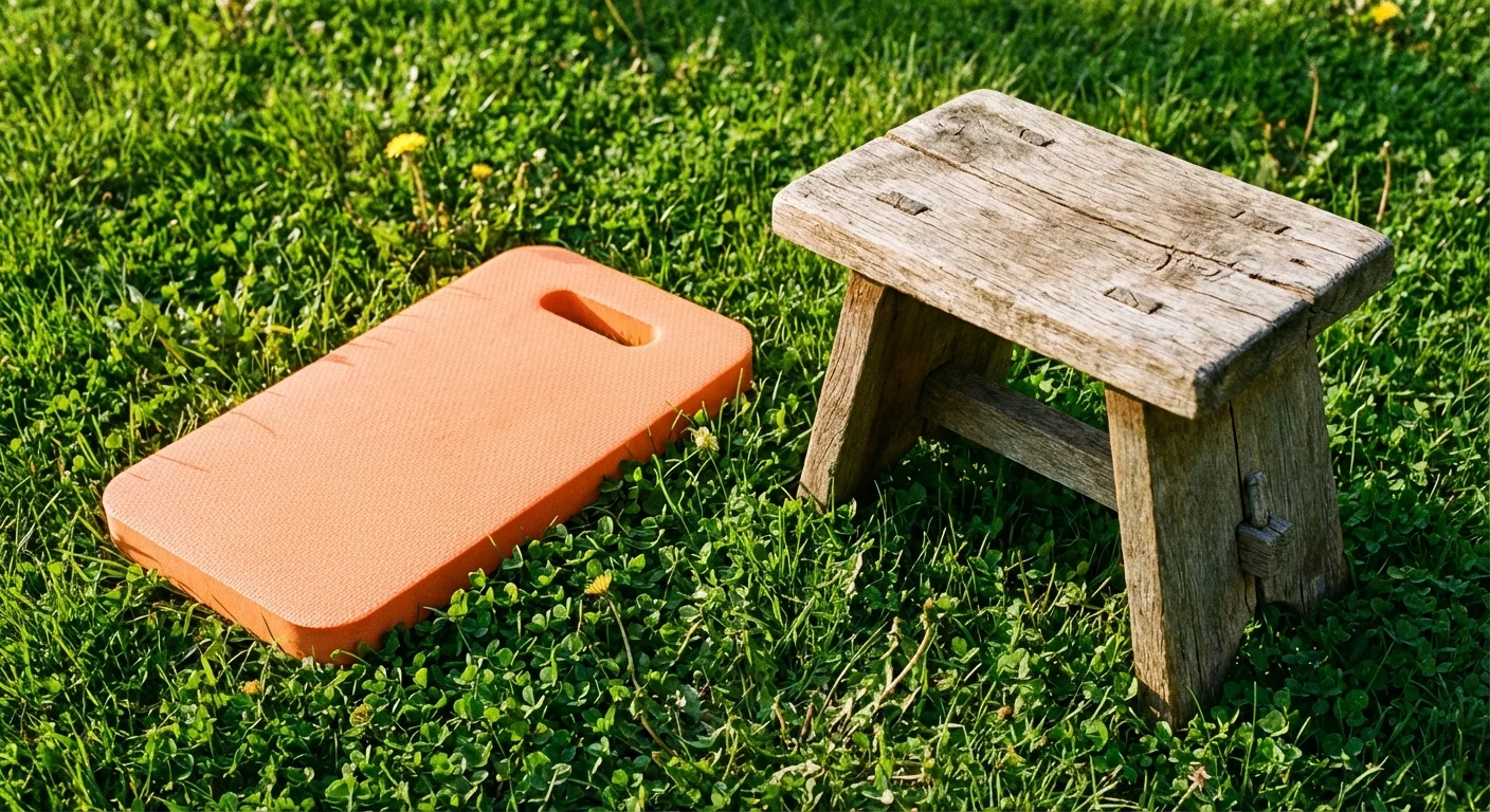 A foam kneeling pad and a wooden garden stool on the grass.