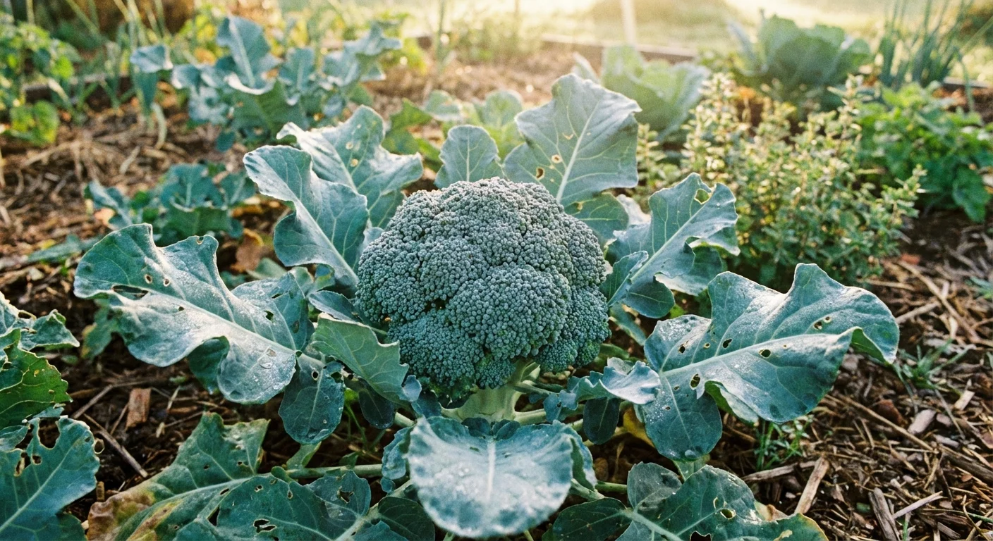 A fresh head of broccoli growing in an organic garden.