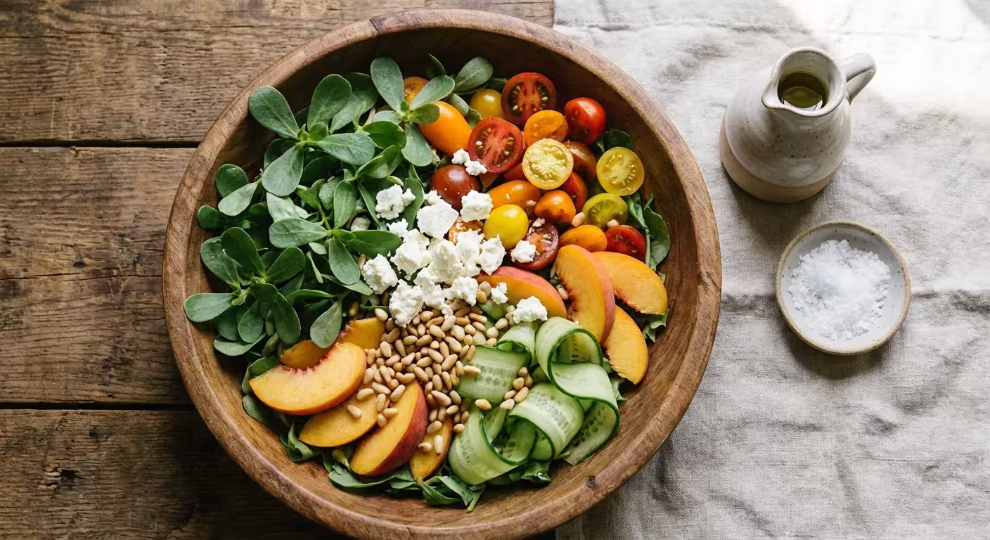 A fresh summer salad featuring green purslane leaves and tomatoes in a wooden bowl.