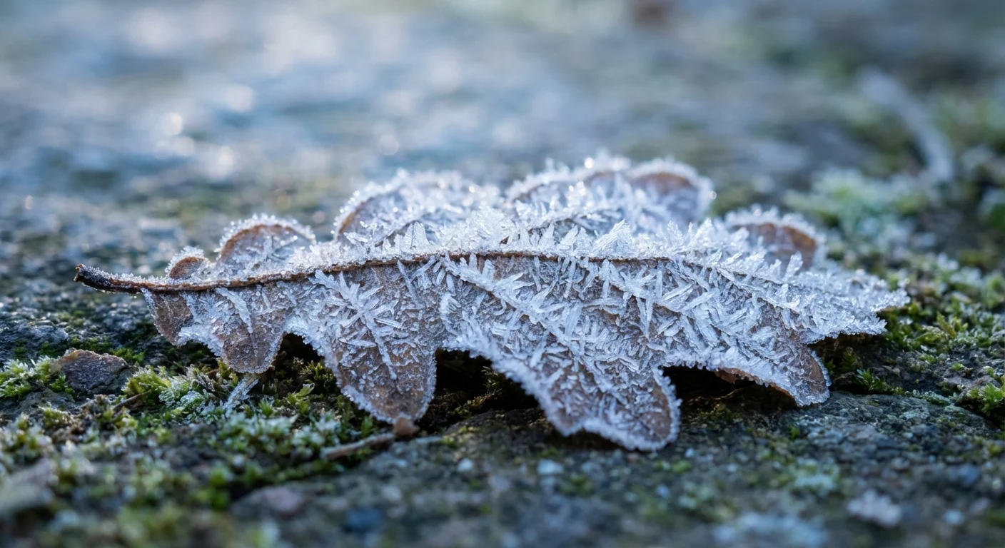 A frosted oak leaf on a path, indicating the arrival of winter.