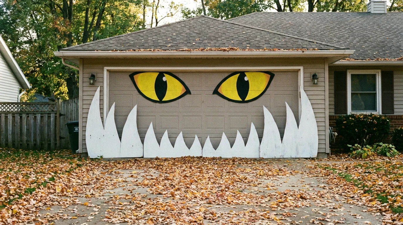 A garage door decorated to look like a monster's open mouth.