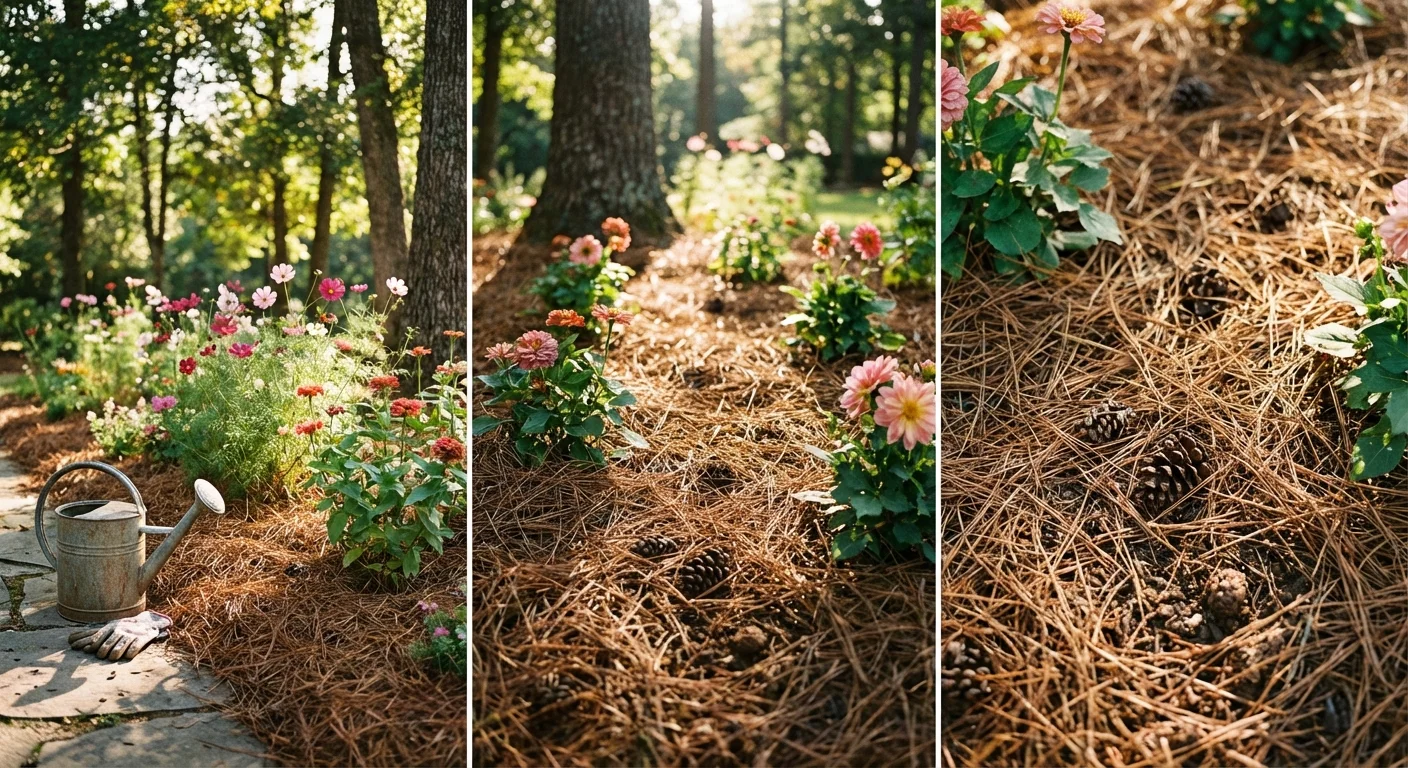 A garden bed with colorful flowers and a thick layer of pine needle mulch.