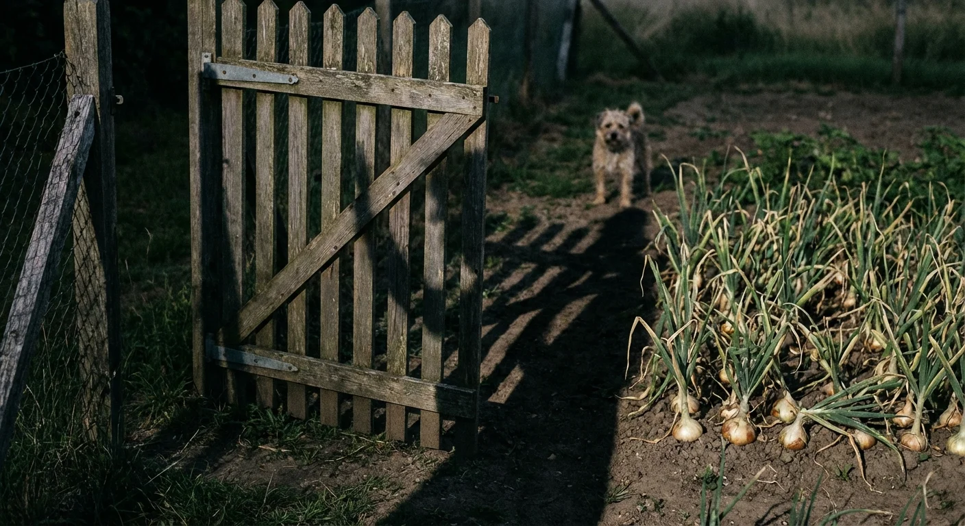 A garden gate with a shadow over onions, suggesting caution.