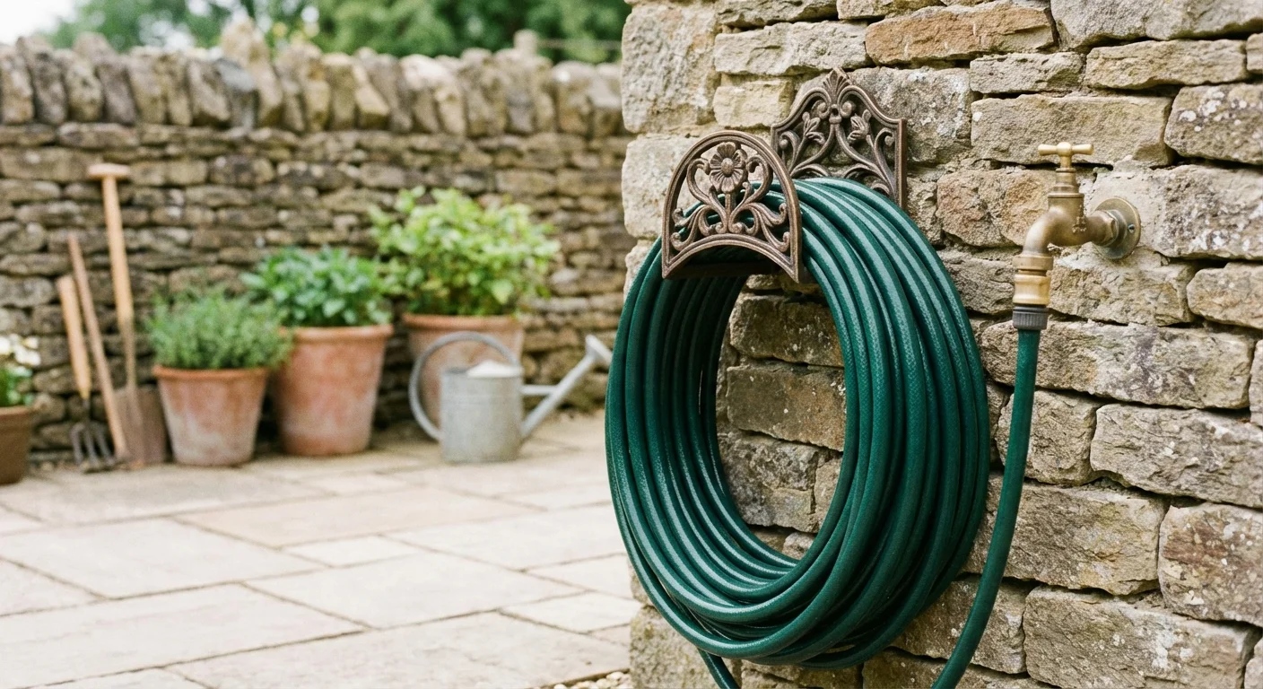 A garden hose neatly coiled on a wall mount near an outdoor tap.