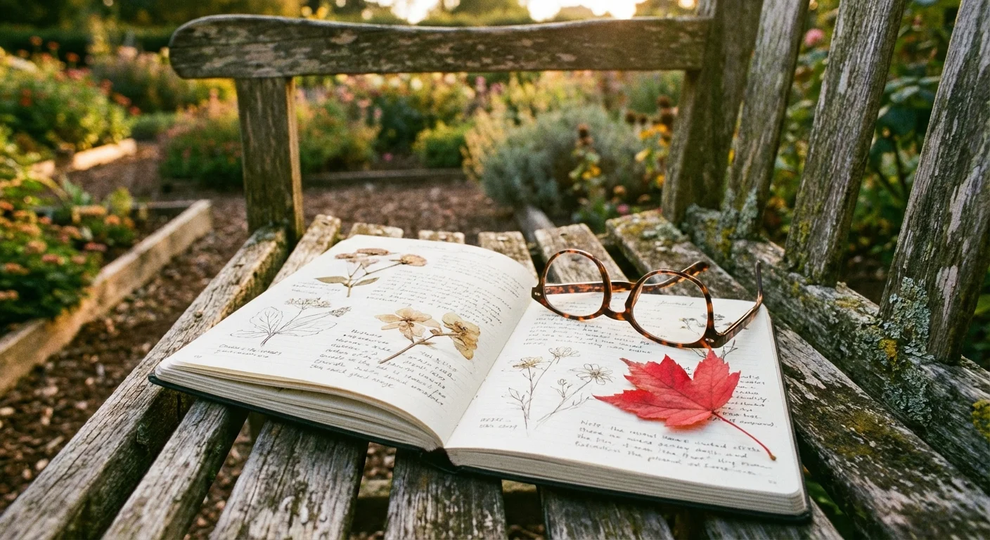 A garden journal and glasses on a wooden bench with an autumn leaf.