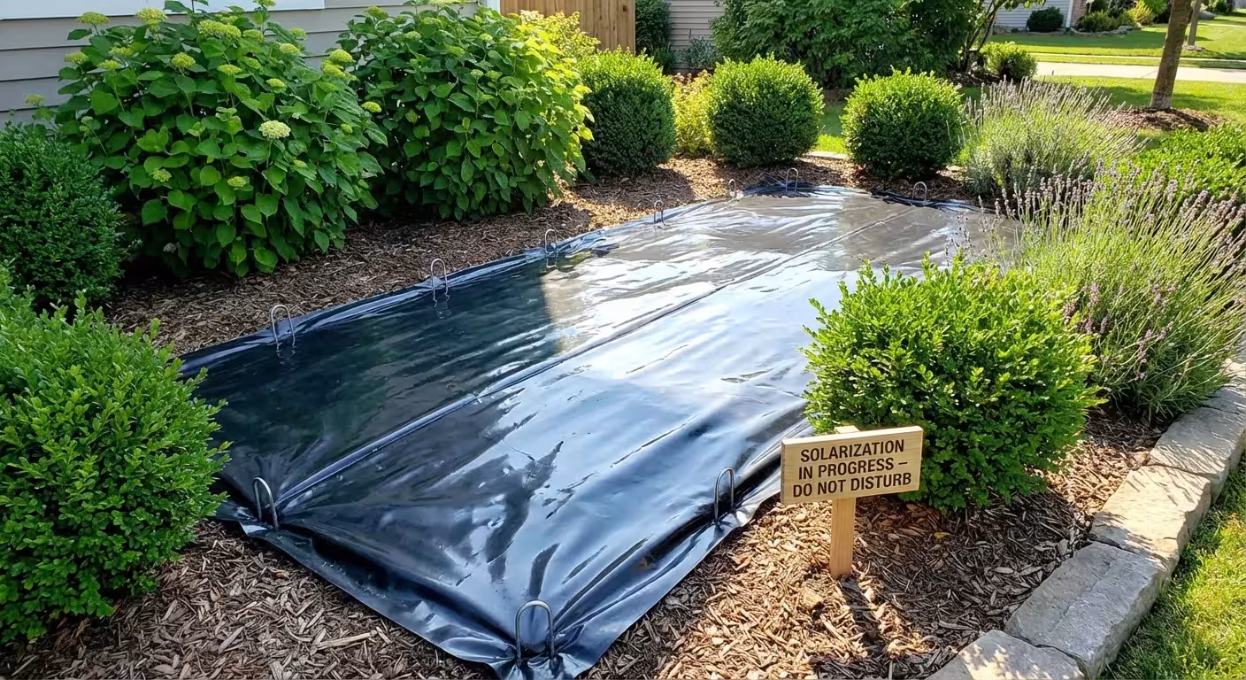A garden patch covered with black plastic sheeting for solarization.