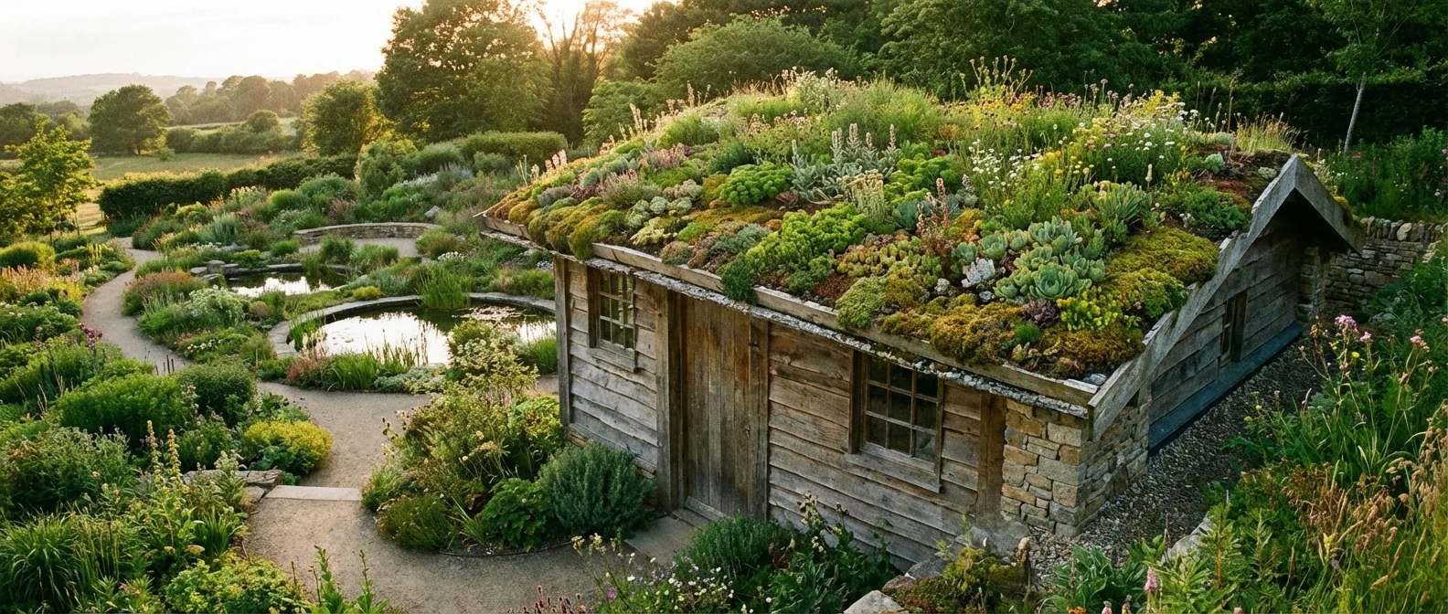 A garden shed with a living roof made of succulents and greenery.