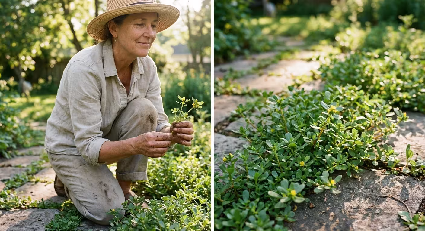 A gardener admiring purslane growing naturally between stone pavers in a backyard.