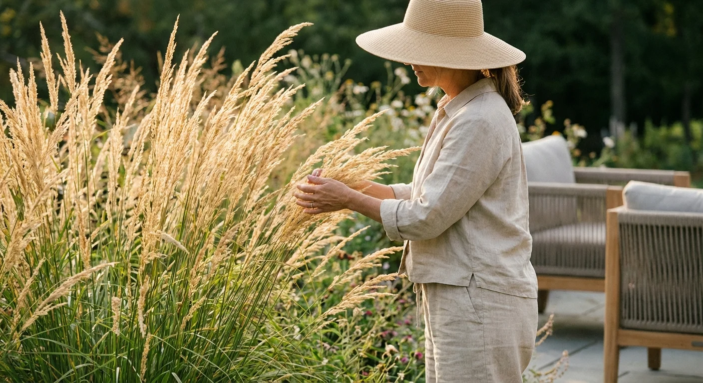 A gardener admiring tall ornamental grasses in a lush, well-designed backyard landscape.