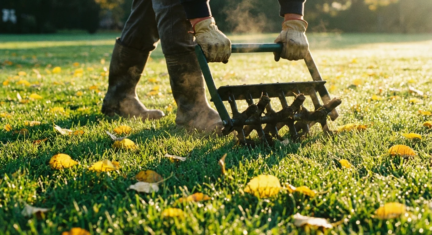 A gardener aerating a green lawn covered in fallen autumn leaves.