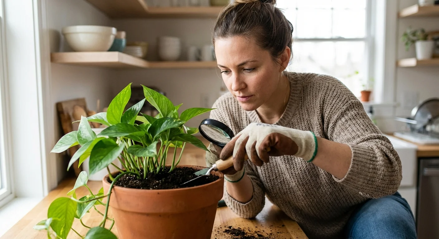 A gardener carefully inspecting the soil of a potted plant for signs of ants.