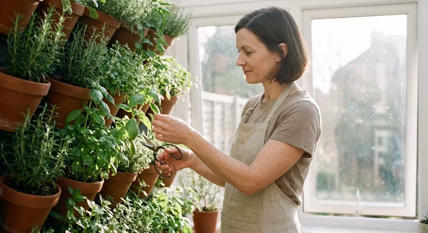 A gardener carefully pruning plants in a vertical herb garden.