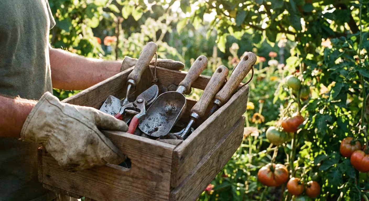 A gardener carrying a wooden tool crate in a sunny backyard garden.