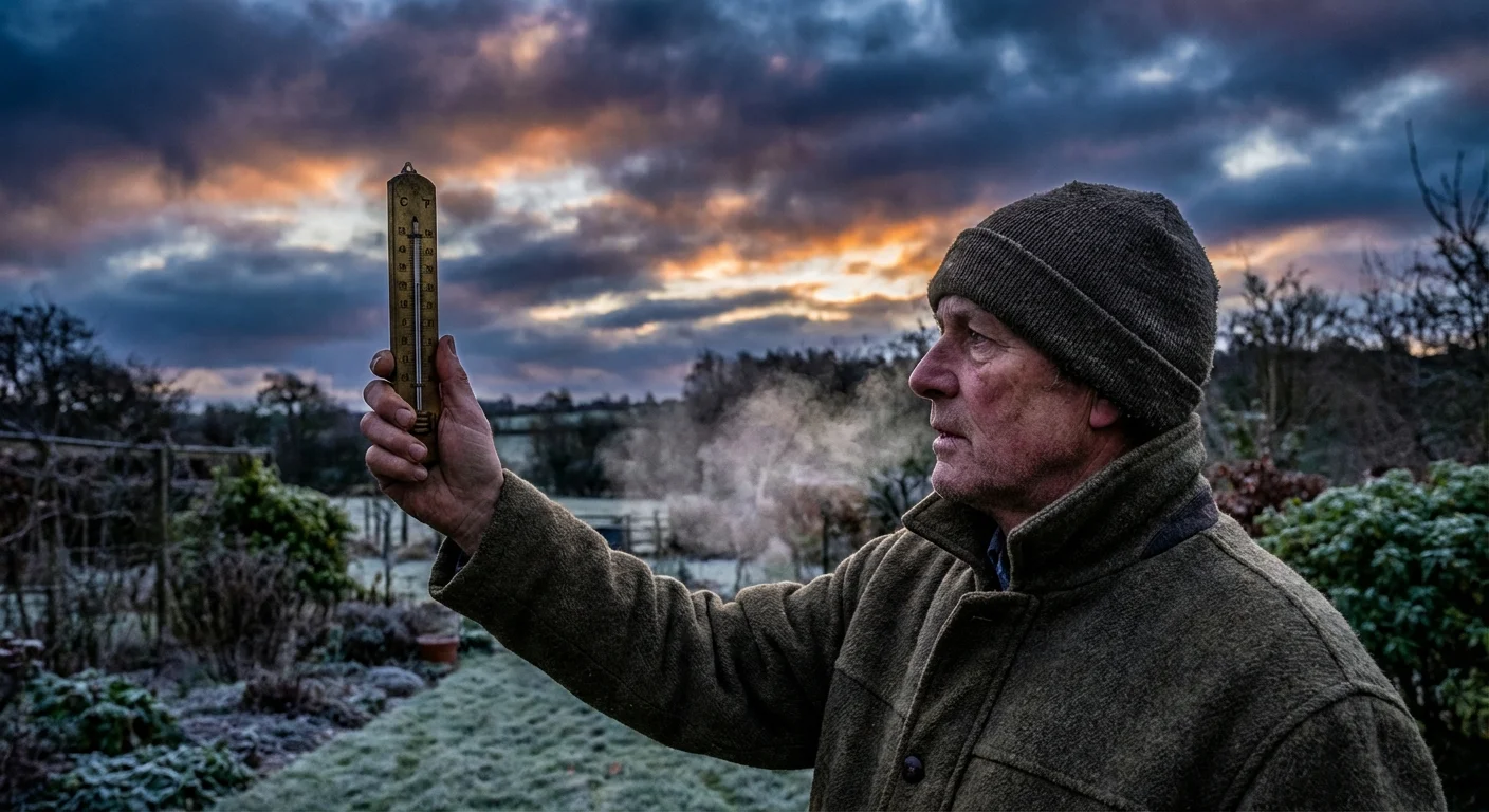 A gardener checking an outdoor thermometer while looking at the winter sky.
