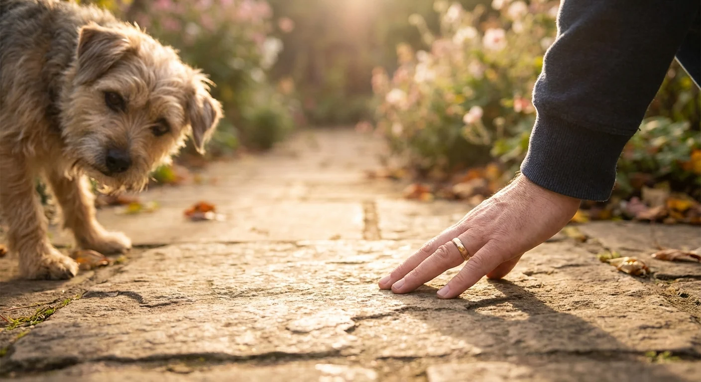 A gardener checking the temperature of a stone path with their hand to ensure it is safe for a dog.