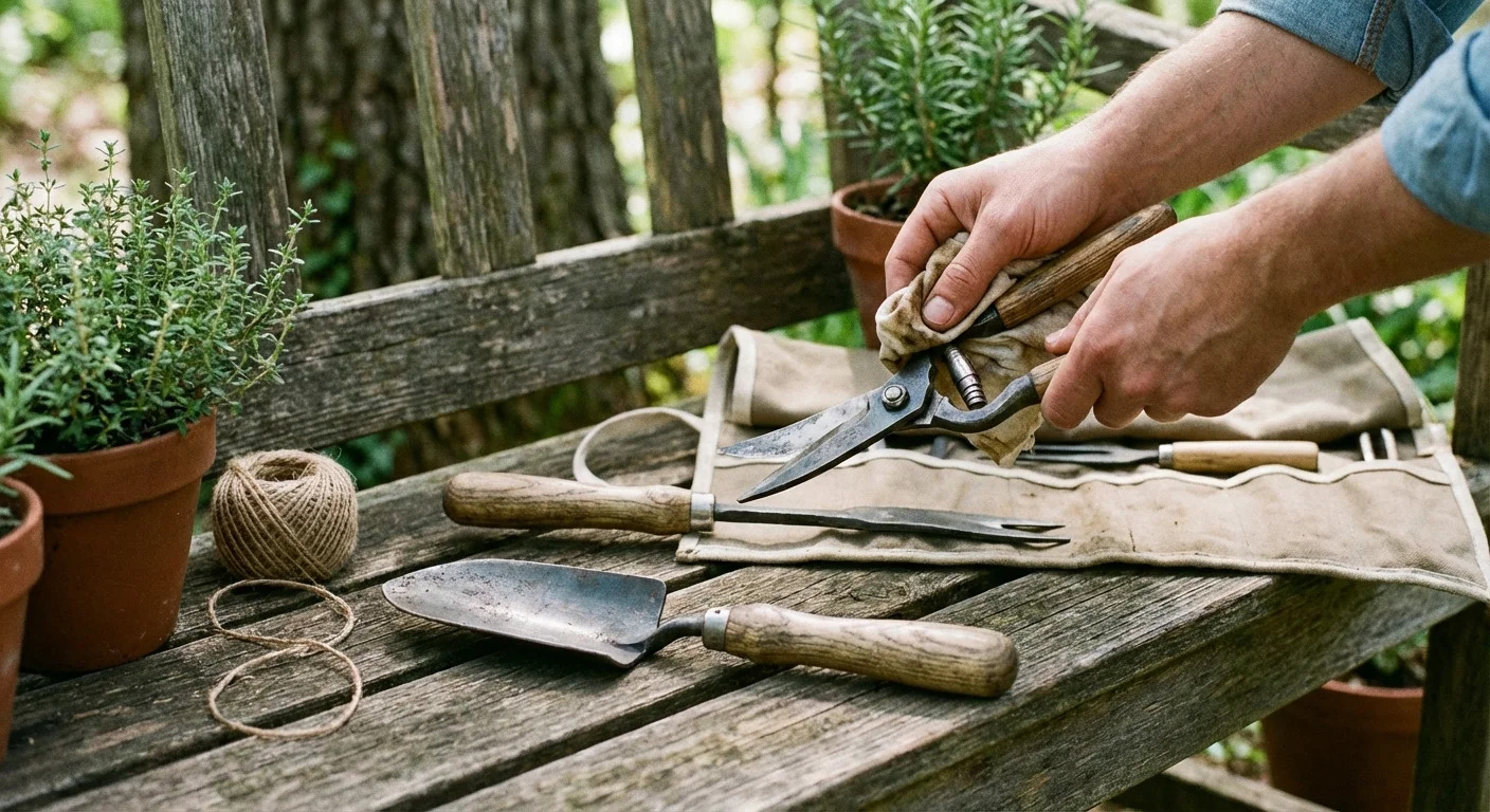 A gardener cleaning and oiling metal garden tools on a wooden bench.
