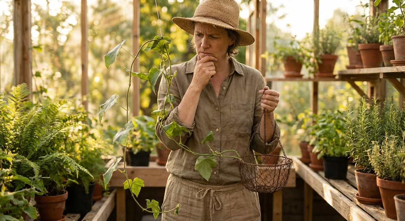 A gardener comparing a tall climbing vine with a small hanging basket in a sunny garden.