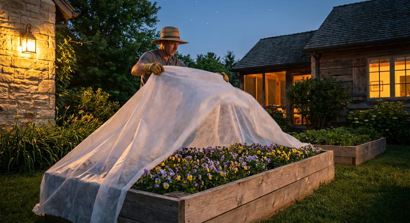 A gardener covering flower beds with a white protective frost cloth.