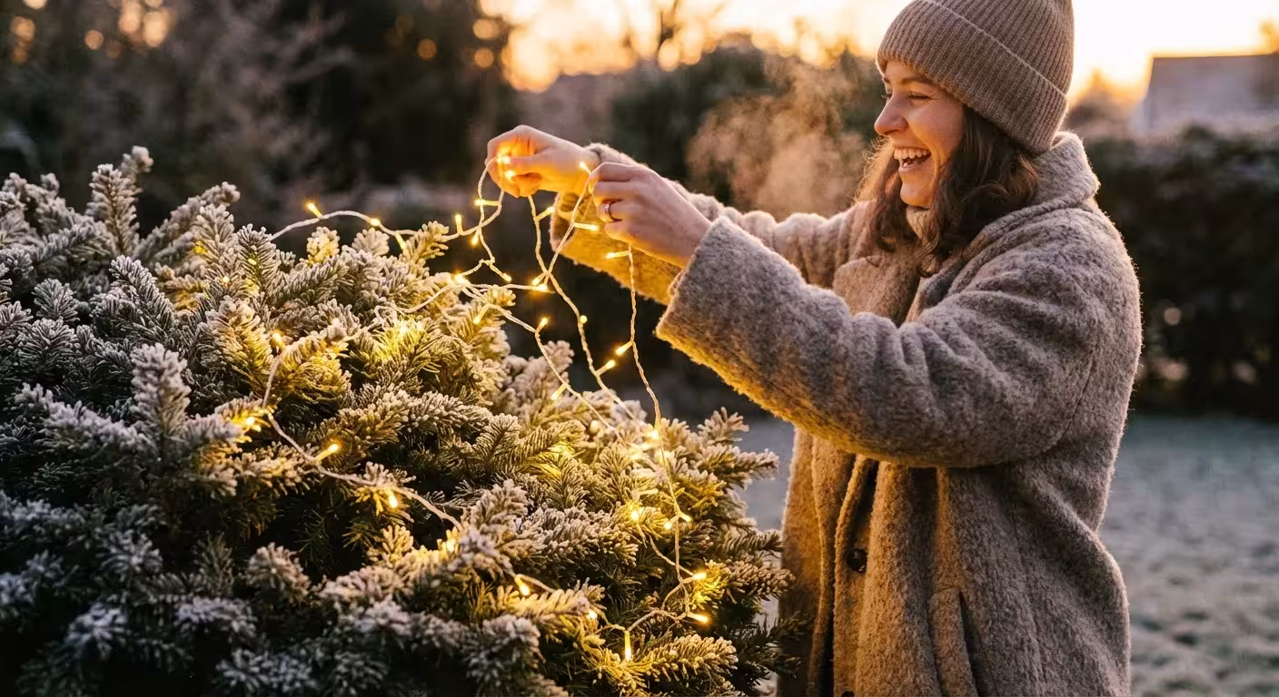 A gardener hanging warm yellow string lights on a frosted evergreen bush in a winter garden.