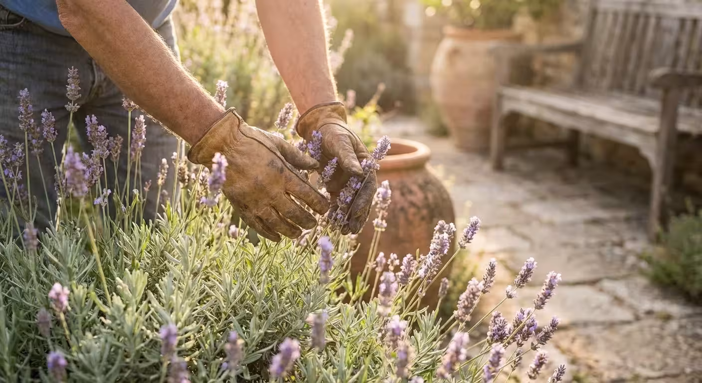 A gardener harvesting fragrant lavender in a sunny, golden-lit garden.